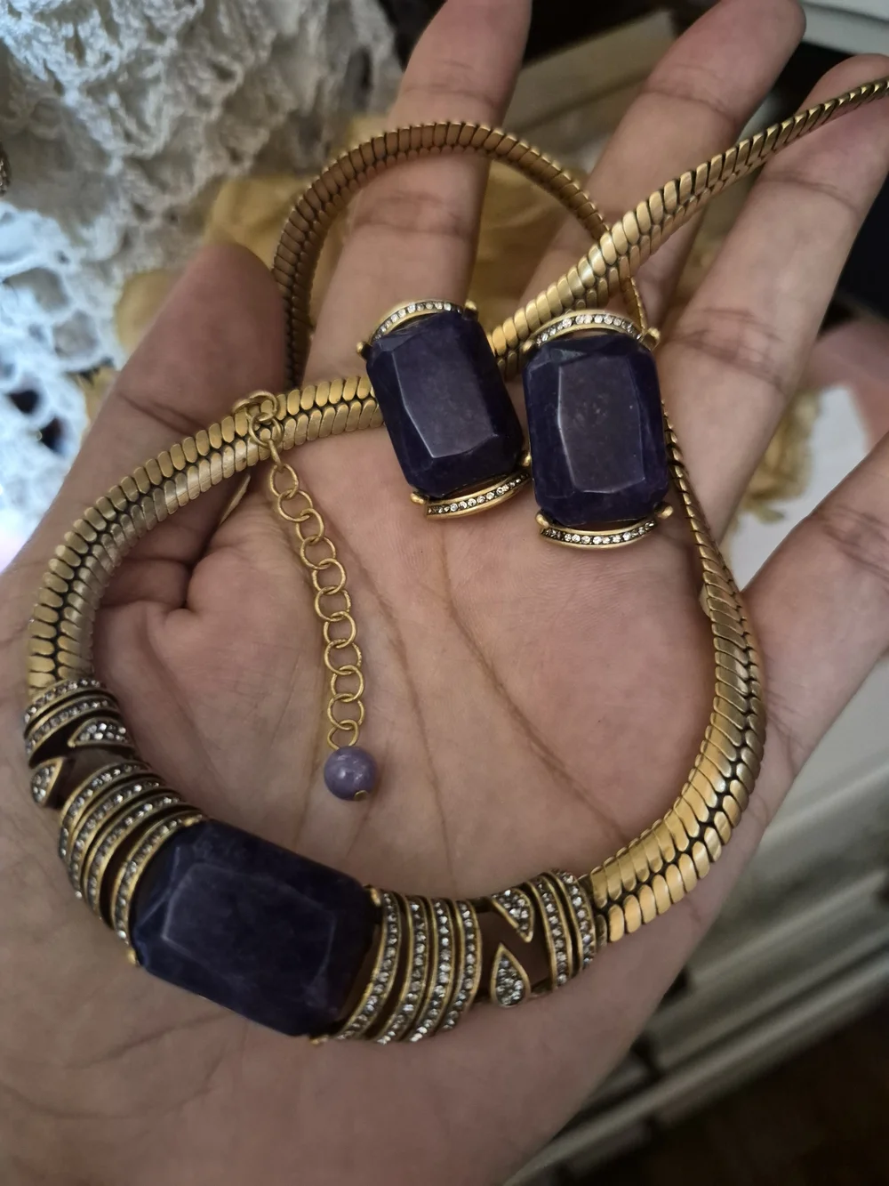 Gold Brass Necklace and Earrings Set with Navy Blue Gemstones